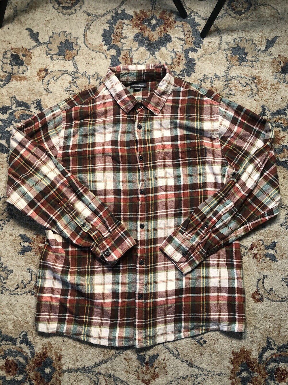 Eddie Bauer Men’s Flannel Button Up XL Red Plaid Pocket Outdoor Hiking